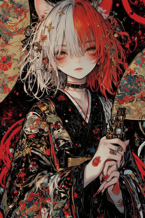 Anime-style illustration of a gothic punk girl in an ornate kimono. Close-up portrait with intense, golden cat-like eyes and a subtle smirk. Short, messy hair with split coloring: half vibrant orange-red, half white. Pale skin with small red markings under the eyes. Dark, elaborate kimono adorned with intricate patterns, red star motifs, and metallic gold accents. Multiple ornate pieces of jewelry, including earrings and hair accessories. Visible pale hands with long red nails, holding a decorative fan. Background features a mix of traditional Japanese and gothic elements, with swirling patterns and splashes of red. Overall dark and moody atmosphere with a touch of rebellion. High contrast lighting emphasizing the character's striking features. Highly detailed artwork with a mix of traditional and digital painting techniques,watercolor \(medium\),PorcelainDollPrincess,REALNIME