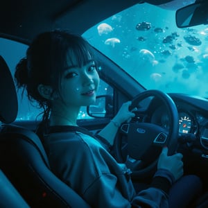 A young woman with dark hair and bangs sitting in the driver's seat, turning back with a warm smile, wearing a casual gray top, natural makeup with soft pink lips, illuminated by ethereal blue underwater lighting, car interior visible with dashboard showing instruments, steering wheel and modern console details, outside the windows is a mesmerizing deep ocean scene, multiple bioluminescent jellyfish floating gracefully past the windows casting gentle blue-green glow, streams of sunlight penetrating the water creating light rays through the windshield, small fish schools shimmer past occasionally, bubbles rising slowly in the background, deeper ocean darkness visible in the distance, car windows creating aquarium-like frame for the underwater scene, gentle caustic light patterns playing across the woman's face from the water refraction, mystical underwater atmosphere with particles suspended in water catching light, professional photography style with soft diffused lighting, ultra high-resolution capture showing both interior detail and underwater effects, cinematic color grading emphasizing the ethereal blue ocean tones,,dal,UnderwaterElegance