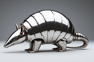 
"Hyper-realistic 3D render of an armadillo made entirely of mirror-polished metal. Sleek, reflective surface covering the entire body. Intricate details of armadillo anatomy preserved in the metallic structure.
Segmented armor plates clearly defined, each a perfect mirror. Curved surfaces creating distorted reflections of the environment. Tail coiled slightly, showcasing flexible metal segments.
Head features pointed snout and small, round ears, all in the same polished metal. Eyes represented by slightly darker, smoky glass orbs.
Legs and claws intricately crafted in jointed metal pieces, maintaining natural armadillo pose.
Lighting: studio setting with multiple light sources to maximize reflections and highlights. Soft box reflections visible on the creature's surface.
Background: gradient from light to dark grey, emphasizing the metallic subject.