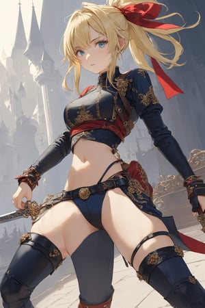 boyish girl,15yo,Beautifully detailed blue eyes,Almond Eyes,round eyebrows,
navel, underboob,chest binder,Thick ponytail hair,Blonde,wearing spats.,leg pouch,dagger,
A beautiful assassin with a dagger at the ready, listening attentively to her enemies.,elegg