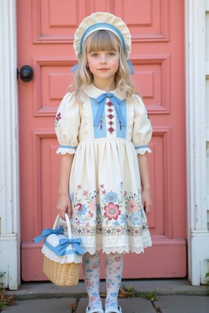 Sweet Lolita coordinate with Nordic/folk art influence. Young girl wearing cream and blue Lolita dress with detailed folk embroidery patterns. Dress features puff sleeves, lace-trimmed bodice, and full circle skirt with decorative apron panel. Intricate details include:

Main dress elements:
- Cream base color with blue ribbon and bow accents
- Embroidered folk art flowers and patterns in burgundy
- White lace trim on hemline, sleeves, and apron
- Puff sleeves with elastic gathering
- Full circle skirt with petticoat underneath
- Decorative apron panel with heart and floral motifs
- Matching bonnet with lace trim and ribbons

Accessories:
- Matching basket bag with ribbon and floral decorations
- Over-knee stockings with folk pattern print in blue
- blue and cream Mary Jane shoes with bow details
- Silver-blonde wavy hair styled with slight curls
- Natural makeup with rosy lips and cheeks

Background:
- Standing against coral pink wooden door
- White painted door frame
- Rustic Nordic aesthetic

Professional Lolita fashion photography with soft natural lighting enhancing the vintage, storybook quality. High detail on fabric textures, embroidery, and lace elements. Nordic/folk art influence visible in pattern choices and color scheme.,ct-vlaoba,aidmafemalecosplay