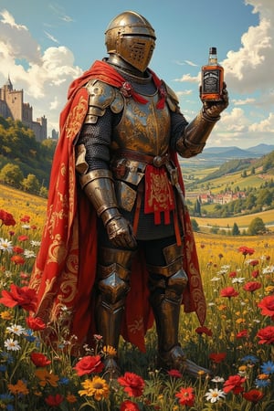 Renaissance-style oil painting of a lush flower field with a knight. Vibrant colors and soft lighting reminiscent of Botticelli. Knight wears pristine Maximilian-style full plate armor, highly detailed with fluting and ornate engravings. Standing amidst colorful wildflowers - poppies, daisies, and cornflowers. Knight's visor is up, revealing a noble face gazing lovingly at a bottle of Jack Daniel's whiskey held in his gauntleted hand. Contrast between medieval armor and modern whiskey bottle. Background shows rolling hills, distant castle, and picturesque sky with fluffy clouds. Painting technique mimics Old Master style: fine brushstrokes, glazing, and sfumato. Golden afternoon light adds warmth and depth. Composition balances realism of armor with whimsical nature of scene. Intricate details in both armor and floral elements. Surreal juxtaposition of historical accuracy and anachronistic element.,Medievalx