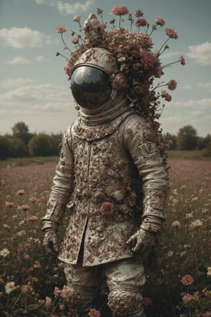 beautiful bizarre,The Art of Kris Kuksi,Intricate Design,Aphrodite, 
A person whose head is a tank turret,wears the coat of a medieval nobleman,
,action figure,LimbusCompany_Dante,astronaut_flowers,flower Field