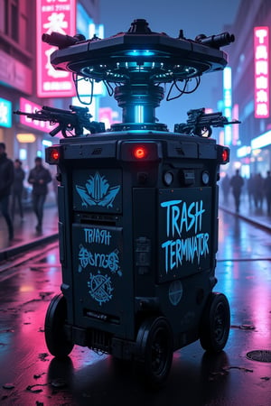 Cyberpunk weaponized garbage bin on a neon-lit city street. Sleek, matte black hexagonal body with glowing blue power lines. Top half transforms into a formidable rotating gun turret.

Multiple barrels emerge from the lid, ranging from minigun to plasma cannon. Holographic targeting system hovers above. Armored panels slide open to reveal missile launchers.

Lower half retains waste disposal functionality, with a high-tech compactor and matter converter. Robotic arms for trash collection retract into sides.

Wheels equipped with omni-directional hover technology. Small antenna array for AI-driven threat detection.

Graffiti-style "TRASH TERMINATOR" emblazoned on side. Scarred metal surfaces show battle damage. Faint smell of ozone and burnt refuse.

Hyper-detailed tech-noir style. Gritty textures contrast with clean futuristic elements. Dramatic lighting emphasizes menacing silhouette against neon-soaked background.,cyberpunk,trashv1