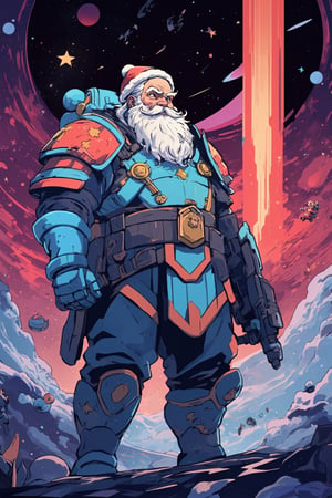 Picture an intense space battle with Santa Claus at the forefront, clad in cosmic armor adorned with intricate details. The scene is bathed in vibrant hues against the vastness of space, accentuated by high-contrast outlines that lend a dynamic and energetic quality. Santa's silhouette is defined by Studio TRIGGER's signature bold lines, emphasizing the gravity-defying action.

The cosmic armor features elements reminiscent of both Santa's traditional attire and futuristic technology, blending festivity with intergalactic warfare. The backdrop showcases a celestial tapestry of stars and galaxies, adding a sense of grandeur to the battle.

Optimize for a visually intricate composition that seamlessly combines the magic of Christmas with the high-octane, Studio TRIGGER-inspired design, resulting in a visually stunning and action-packed intergalactic scene through