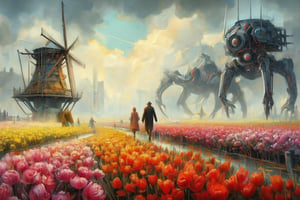 
Oil painting of 19th century Dutch landscape. Foreground: Vibrant tulip fields with rows of red, yellow, pink, and purple flowers. Midground: Typical Dutch windmill, wooden with large blades. Farmers in traditional dress walking through fields. Background: Ominous, gigantic quadrupedal war machines, black and futuristic in design. Sky: Characteristic Dutch low-hanging clouds. Lighting: Soft afternoon sunlight illuminating fields. Brushwork: Impressionistic style. Vivid colors for tulips, detailed windmill, mysterious outlines for machines. Composition: Lower 2/3 tulip fields and windmill, upper 1/3 sky and machines. Atmosphere: Pastoral beauty contrasting with unsettling futuristic presence, creating unique tension,surrealportraits, illustration,complex detail lineart,AbmoilPainting