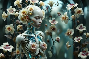 full Body,
1girl,solo,Transparent glass  albino female cyborg,
((fractal pattern Flowers)), Skeleton and organs made of vibrant flowers. Mechanical joints visible. Heart of roses, lungs of hydrangeas, brain of orchids. Flowers spilling from slight cracks. Soft backlighting emphasizing transparency. Elegant pose. Simple futuristic background. Photorealistic style with high detail on glass and floral elements.",Clear Glass Skin,tranzp