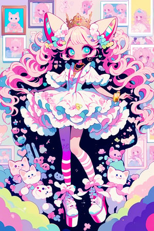 1girl ,vtuber anime character design,love peace ice cream！,
An over-the-top maximalist Vtuber character in hyper-decorative pink Lolita fashion. Her anime-style face features enormous, sparkling eyes in gradient pastel colors, framed by impossibly long eyelashes. Her multi-layered hair cascades in a riot of pastel pinks, purples, and blues, adorned with an excess of bows, flowers, and glittering accessories. She wears a frilly, cupcake-shaped dress in various shades of pink, covered in lace, ribbons, and ruffles. The dress is further embellished with candy motifs, stuffed animals, and miniature tea sets. Multiple petticoats peek out from beneath, each a different shade of pink. She sports striped stockings and platform shoes with heart-shaped buckles, Numerous bracelets, rings, and necklaces adorn her, along with a tiara and cat-ear headphones, background is a dizzying collage of pastel colors,anime style,anime girl,future0615