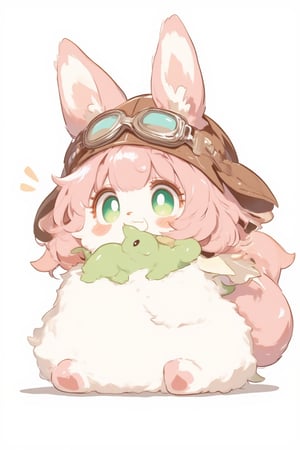 Cute, fluffy fantasy creature, anime style, watercolor illustration. White and pink fur, rabbit-like ears, big green eyes. Wearing brown aviator cap with goggles. Small wings on back. Holding a tiny green dragon baby, Chubby body with paw-like feet. Expressive face showing slight concern. Soft, pastel color palette. White background with minimal shading. Charming and whimsical character design.,Kemonomimi,furry,moe