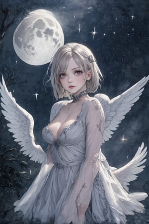 Fairy tale illustrations, otherworldly mythology, perfect sky, moon, shooting stars,
Pagan style graffiti art, general, forest background, one girl, Pagan demon girl, detailed facial features,sexy sideless dress,Masterpiece, Top Quality, Very Aesthetic, Super Detailed, Sideless Dress, Sidedress, Watercolor, 2bEimi,angelic