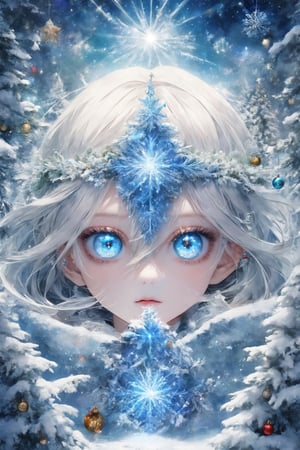 ultra Realistic, Extreme detailed, 1boy, 16years old,Christmas theme,girl of noble bloodline, the boy has Beautiful blue eyes,soft expression,Depth and Dimension in the Pupils,So beautiful eyes that 
Has deep clear eyes,detailed eyelashes,mesmerizing iris colors,
,(Dimly shining eyes),heterochromia_iridis, the skin color is closer to white, the girl should be at the bottom of the picture where only the top of her head is visible,
Christmas Fantasy World,perfecteyes,Anime ,3D