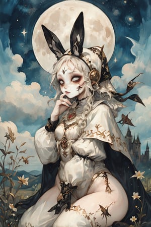 fairy tale illustrations,Simple minimum art, 
myths of another world,Perfect sky, moon and shooting stars,moon on face,
pagan style graffiti art, aesthetic, sepia, ancient Russia,(holy bard),
A female shaman,(wearing a rabbit-faced mask),nodf_xl, in the style of esao andrews,rabbit kissing sheep,
watercolor \(medium\),jewel pet,acidzlime,emo,ruanyi0315,white leotard,high heel boots,papal hat