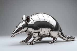 
"Hyper-realistic 3D render of an armadillo made entirely of mirror-polished metal. Sleek, reflective surface covering the entire body. Intricate details of armadillo anatomy preserved in the metallic structure.
Segmented armor plates clearly defined, each a perfect mirror. Curved surfaces creating distorted reflections of the environment. Tail coiled slightly, showcasing flexible metal segments.
Head features pointed snout and small, round ears, all in the same polished metal. Eyes represented by slightly darker, smoky glass orbs.
Legs and claws intricately crafted in jointed metal pieces, maintaining natural armadillo pose.
Lighting: studio setting with multiple light sources to maximize reflections and highlights. Soft box reflections visible on the creature's surface.
Background: gradient from light to dark grey, emphasizing the metallic subject.