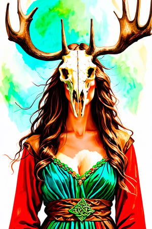 A shaman girl, with a large moose skull on her face, The strange decoration of dead branches, the mysterious and brightly colored Celtic shaman costume, and the girl is surrounded by a mysterious aura.,extremely detailed,watercolor \(medium\)