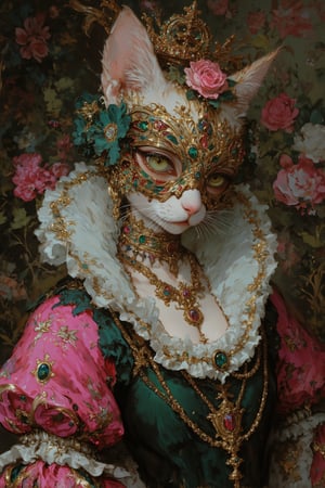 Hyper-realistic portrait of a regal cat in elaborate Gothic-Renaissance style attire, set against an ornate floral background,

Cat features:
- White fur with subtle tan markings on ears,
- Piercing green eyes, one partially covered by a mask,
- Pink nose and whiskers,

Headpiece:
- Intricate golden mask covering right eye, adorned with emerald and ruby gems,
- Ornate crown with pearls, golden leaves, and jewels,
- Large pink rose centerpiece,

Neck attire:
- Oversized white ruffled collar (Elizabethan style),
- Multiple strands of pearl necklaces,
- Golden pendant with floral design,

Clothing:
- Rich pink and green Renaissance-style gown,
- Lace and golden embroidery details,

Background:
- Lush, dark floral pattern with swirling designs,
- Predominantly green and pink hues, matching the cat's attire,
- Intricate, painterly style reminiscent of baroque textiles,

Overall mood: Opulent, whimsical, and slightly surreal, blending feline grace with historical fashion in a richly detailed composition.,lyh_niji,Surreal art