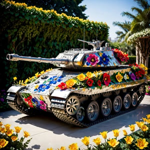 Military tank, crafted from beautiful countless flowers, each petal meticulously arranged to form intricate patterns across its armored surface. The tank's exterior is a riot of color, with vibrant blooms cascading down its sides and delicate vines weaving between the heavy plates of metal. Despite its formidable appearance, there is a sense of harmony and serenity emanating from this floral fortress, a testament to the power and beauty of nature even in the midst of warfare.