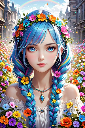 Ultra realistic,1 girl,beautiful blue eyes,superbly crafted braided hairstyles,amazingly intricate braid hair,7 colorful hair colors,Beautiful colorful (pigtails braided with flowers:1.2),long pigtails, ,
each meticulously created braid decorated with delicate accessories and beads,aesthetic,Rainbow haired girl ,Realistic Blue Eyes,Flower queen,dal-1,colorful,DonMD1g174l4sc3nc10nXL 
