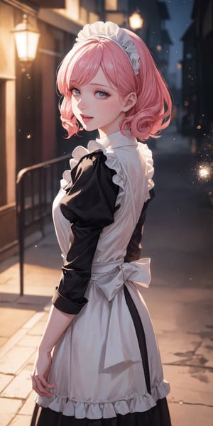 fantasy Young lady,pastel color masterpiece, beautiful anime,Laughter, hyper realistic masterpiece of an animewoman, wearing  Maid clothes, pink hair and pale fair white skin, at night, twilight, evening, outside, particles visible, light from behind, hyper realistic detailed lighting, hyper realistic shadows hyper realistic masterpiece,  professional, contrast color, contrast, colorful, rich deep color,
