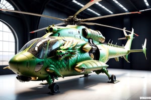 The Mi-24 Hind helicopter, inspired by the formidable dragon, features a design that seamlessly blends modern military aesthetics with mythical elements.The helicopter's fuselage is adorned with intricate dragon scales, creating a visually striking exterior. The cockpit area incorporates dragon-inspired motifs, with sleek lines and curves reminiscent of a dragon's silhouette. The helicopter's wingspan is accentuated by winglets that resemble the wings of a dragon, giving it an imposing and majestic appearance.The helicopter's nose is crafted to resemble a dragon's head,Dragon themed ,dragon-themed