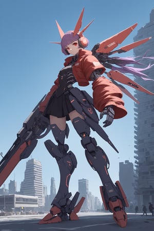 1girl, solo,cyborg mecha Girl, breasts, looking at viewer, short hair, bangs, red eyes, gloves, standing, jacket, purple hair, small breasts, outdoors, open clothes, from side, headgear, headphones, building, red jacket, science fiction, city, mecha musume,txznmec,bingnvwang,anime,diathornstyle,action shot