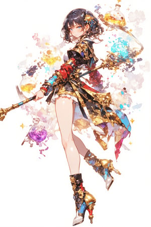 Anime-style illustration of a cute young alchemist girl. Short black hair with ahoge, blue eyes, slight blush. Outfit: white shorts, black and gold jacket, red arm wraps. Holding long staff with ornate gold ends. Floating magical items: glowing potion bottles, small creatures. Accessories: red lipstick, star-shaped hair clip, unique high-heeled boots (blue, gold, red). Dynamic pose: turning to look at viewer, one leg lifted. Color palette: black, white, gold, red, blue accents. Style: clean lines, vibrant colors, highly detailed. Background: plain white. Lighting: soft, even illumination. Mood: playful, mysterious. Key details: smoke from potion, small floating stars, intricate designs on clothing and staff. Overall impression: charming blend of magic and science in a cute, energetic character design.,dal,fantasy girl,lyh