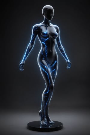 Transparent, faceless glass mannequin, human form with smooth, featureless surface. Entire glass body filled with swirling, electric blue plasma, lightning bolts crackling within. Ethereal glow emanating from figure, illuminating surroundings. Standing in dark, minimalist space. Intricate light refractions and reflections on glass surface. Hyper-realistic rendering of glass and electrical phenomena. Seamless blend of solid form and fluid energy. Surreal, sci-fi aesthetic. Dramatic lighting highlighting internal plasma storm