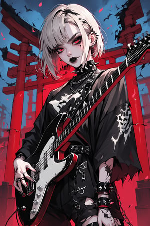 1Girl,kawaii style,Striking Nordic beauty Girl, in Japanese-inspired black metal fashion,Tall and slender figure,with pale skin and long platinum blonde hair, Wearing a black kimono-style top with torn edges and silver studs,Combat boots adorned with chains and spikes. Face painted with dramatic black and white makeup. Multiple piercings in ears and eyebrows, Holding a sharp-edged electric guitar ,Cherry blossom petals and bat silhouettes floating around. Standing in front of a torii gate engulfed in blue flames. Moonlit night sky with ominous clouds. Photorealistic style with fantasy elements. 8K resolution, sharp focus on the girl and guitar,
goth girl,