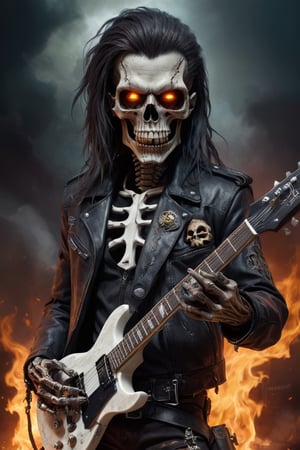 A chillingly cool, heavy metal zombie, decorated with symbols of rebellion and darkness, a skull with solid hair and twisted metal, flames burning in the skeleton's eye sockets, an undead rocker with a sharp guitar in his hand And wearing a leather jacket, the realm of the living and the dead is a symphony of chaos and rebellion.,dark