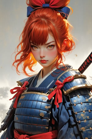 1girl,cute Face,dressed in samurai-style armor, She wears traditional Japanese armor reminiscent of a samurai,Blue coat, yellow hakama
,The design blends elegance with strength, portraying her as a warrior princess,(Large red head ribbon),
Adorning her head is with a faintly red ribbon tied, shining brightly､Her eyes reflect determination as she holds her sword with a poised stance,warrior,samurai,niji6