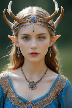 ancient Nordic legendary Young elf,elf ear,She wears a crown adorned with intricately carved antlers,mysteriously blue eyes, adding an air of mystique and wisdom. Her attire is a flowing ancient Germanic dress, crafted from natural fabrics and decorated with detailed embroidery and runic symbols. The dress features earthy tones and elaborate patterns that reflect her deep roots in nature and lore.,Lace Blindfold,IMGFIX,zavy-hrglw,Realistic Blue Eyes,gl1tt3rsk1n