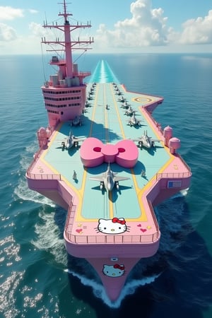 A cute aircraft carrier,with a whimsical Sanrio character design, the carrier is painted in pastel pinks, blues and yellows and features a large painting of Hello Kitty smiling out from the side on the hull. The flight deck is decorated with a Sanrio-themed runway and is adorned with tiny stars, ribbons and hearts. In the center of the deck, a giant Hello Kitty bow acts as the control tower, while U.S. fighter jets are lined up preparing to take off.