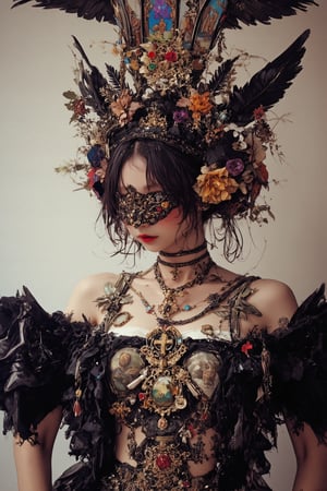 Highly detailed portrait of a woman wearing an extravagant, gothic-inspired headdress and jewelry,(blindfolded:1),
The headdress resembles a cathedral, with intricate stained glass windows depicting religious scenes,Elaborate metalwork frames the windows, with dangling chains and tassels. The headdress extends outwards like wings, adorned with more metalwork and jewels. A mask covers the upper half of the face, made of ornate gold filigree and studded with gemstones, leaving only the lips visible. Around the neck is a thick collar of black feathers. An ornate chest piece covers the upper body, featuring religious iconography, gemstones, and intricate beadwork,Multiple necklaces with crosses and pendants hang below. The overall style is a mix of gothic, religious, and steampunk aesthetics. Hyperrealistic, studio lighting, 8K resolution.,blindfolded flower,Made of adrr-zllj,dal,fantasy girl