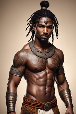 A robust ancient African warrior adorned with intricate tattoos, showcasing a rich tapestry of cultural symbols and tribal artistry. The warrior's physique reflects strength and resilience, and the tattoos, carefully etched across their body, tell stories of heritage, achievements, and rites of passage. This representation celebrates the ancient traditions and artistry of African warriors, creating a visual tapestry that captures both strength and cultural identity.,Stylish