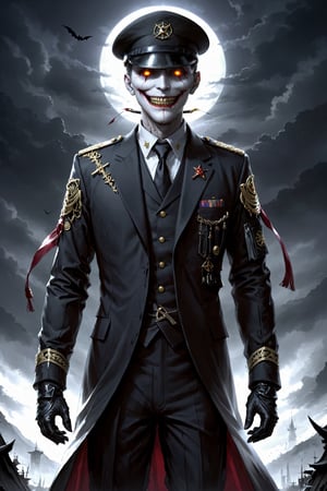 Fearsome and formidable enemy, unusually slender man,grim face,queer smile, a vampire man, crazy face, 35Yo,((eerily glowing golden eyes)), a deeply worn military cap, and dressed in the formal attire of the old Japanese army, he exudes an aura of authority,((black shroud)),His military uniform features a tailored jacket decorated with intricate details and traditional symbols, white gloves marked with a pentagram,pentagram,zavy-cbrpnk,Hiro Crazy Dimension,