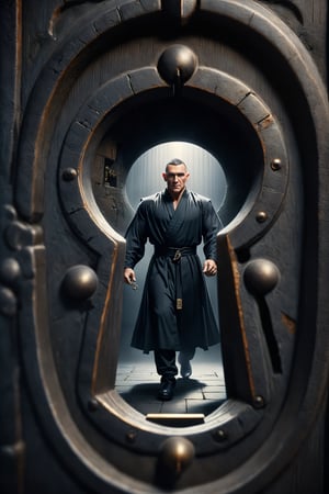 ((Screen through the keyhole)),1man,(Vinnie Jones), raised blade, black robe, ((depth of field)),backDonMK3yH0l3XL,Hollow