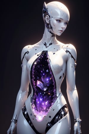 A A mesmerizing female cyborg sculpted from lustrous white porcelain, posed gracefully against a dark background. Her sleek body resembles fine bone china, with subtle joint lines hinting at her mechanical nature. The cyborg's face is a perfect mirror surface, mysterious and otherworldly, reflecting and distorting light.

The centerpiece is her abdomen: a large, natural amethyst geode carefully integrated into her porcelain form. This geode cavity showcases a breathtaking display of deep purple amethyst crystals. The crystals range from dark, intense purple at the center to lighter, more translucent shades near the edges. The crystalline structure creates a mesmerizing depth effect, with countless facets catching and refracting light,SFW

Delicate, circuit-like patterns etched into her white porcelain limbs occasionally illuminate with a soft purple glow, echoing the amethyst's color. Her hands and feet feature visible ball joints, merging artificial design with natural crystal aesthetics.

Dramatic lighting emphasizes the porcelain's sheen and the captivating sparkle of the amethyst crystals within the geode.

Photorealistic render, high detail, dramatic lighting, blend of futuristic and natural elements..,Fantasy Regal Artgem,PorcelainDollPrincess,1girl,#fractal,Crystal,\mechako\