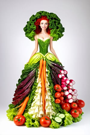 princess made entirely of vegetables, her gown a vibrant array of lettuce, carrots, and tomatoes. Her hair, a cascade of curly kale, adorned with a crown of radishes and cucumbers. She stands tall and regal, her eyes bright with the colors of her vegetable kingdom. This vegetable princess radiates freshness and health, a whimsical and unique creation of nature's bounty.