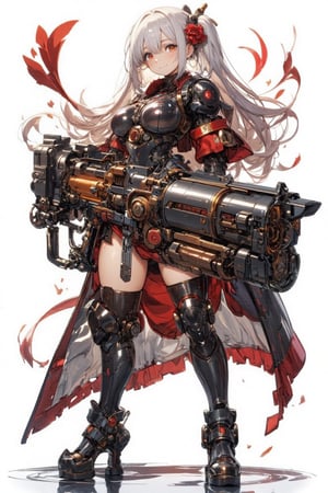 1girl,Anime-style illustration of a fierce young woman, wielding an enormous gatling gun, Character: dual-colored hair, (white and gold twintails), red flower accessories,Outfit: black and red dress with goth-inspired details, thigh-high boots. Expression: determined, slightly cocky smile,Pose: dynamic, holding massive weapon, body turned slightly,
Gatling gun: oversized, futuristic design. Black metal body with red accents and glowing parts. Multiple rotating barrels, complex mechanical details. Gun larger than the character herself,
Color scheme: primarily black and red with white accents,Style: highly detailed anime art, clean lines, emphasis on mechanical designs. Background: plain white, focus entirely on character and weapon.
Additional details: red ribbon-like elements flowing from dress and gun, intricate patterns on clothing and weapon, slight metallic sheen on gun parts. Overall impression: powerful, stylish fusion of traditional Asian aesthetics with futuristic weaponry.,Anime Style,fantasy girl,\mechako\, plasma gun