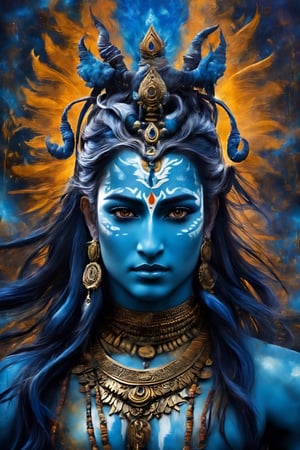 (best quality, 8K, highres, masterpiece), ultra-detailed, (photorealistic, cinematic),  Powerful action painting,Lord Shiva, the Hindu Male god, with blue skin, capturing the divine and transcendent essence. Picture the powerful and serene depiction of Shiva adorned with traditional symbols, like the third eye, matted hair, and a crescent moon. Emphasize the divine aura surrounding Shiva while showcasing the unique aspect of blue skin,LegendDarkFantasy,Oil painting of Mona Lisa 