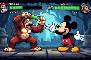 A pixel art fighting game screen, 16:9 ratio. Comic battle scene: Donkey Kong grabbing and ripping the green health bar UI element from top of screen, wielding it like a weapon with both hands, pixels scattering from the torn UI. Mickey Mouse on right side frozen in shock pose (classic design with red shorts), eyes wide, sweat drops, and classic cartoon surprise effects (!). Remaining HUD elements glitching/broken, timer flickering "99". Background has fourth-wall breaking effect: game screen appearing to crack where health bar was torn, UI elements destabilizing with glitch effects. Simple visual effects: pixel scatter from torn health bar, basic impact sparks, Mickey's cartoon shock indicators. Lighting highlighting the absurd scene, basic shadow effects. Pixel art style like classic Nintendo games with clean, bold character designs. No excessive effects, focusing on the comedic fourth-wall-breaking moment.,fighting game UI PC VERSION "VS" fight