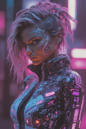  girl, Detailed body painting beautiful neon operator tanned woman, cyberpunk futuristic neon, reflective puffy coat, decorated with traditional japanese ornaments, perfect face, fine details,neon,circuitboard