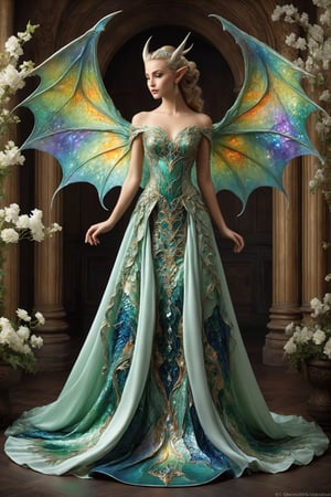 A mystical being, born of the union between a dragon and an elf,Dragon inspired dress,extraordinary creature exhibits both draconic and elven features, blending the elegance of the elves with the majestic presence of dragons. Its scales might shimmer with ethereal colors, and its pointed ears showcase the elven heritage. This hybrid being represents the harmonious fusion of two fantastical worlds, embodying a unique and captivating presence.,DonM3lv3sXL,Disney pixar style