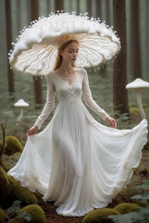 1girl,mushroom princess, in a stunning dress made of pure white slime mold, The ethereal gown flows like fine lace,made of delicate mushroom crown, sparkles with tiny glowing spores,Standing in a mystical woodland glade, she embodies nature's elegance and mystery, her living dress swaying gently. The princess exudes purity and enchantment, showcasing the unexpected beauty of the natural world.,mushroomz,water dress