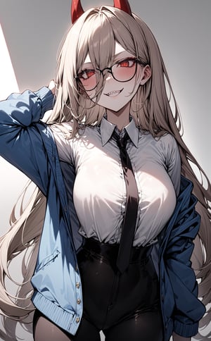 masterpiece, best quality,albino demon girl with enchantingly beautiful, alabaster skin,girl has Beautiful deep red eyes,black rim glasses, sharp teeth, grin face,red cross-shaped pupils, blue jacket, white shirt, black necktie, black pants ,powerdef