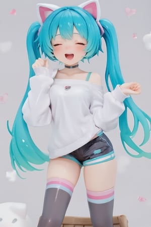 1girl,PVC,Hatsune Miku Resin Figure, poses cutely while yawning loudly. Hatsune Miku has blue-green twin tails with cat-like ears and wears a white long-sleeved shirt with a small Miku logo on the chest. Miku is also wearing black shorts with soft pastel stripes and thigh-high socks,open eyes,
 Her eyes and mouth are slightly open, making her look sleepy. The background has a soft and minimalist atmosphere, giving her an adorable look and a cozy feeling. Masu. Emphasizes a relaxed atmosphere. ,lyh,ATRFX,resin