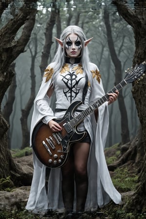 striking female elf,elf ear, stands center stage, embodying both ethereal beauty and dark majesty. She wears an ornate priestly robe in white and gold, its intricate embroidery depicting ancient elven runes and celestial symbols. The robe's high collar frames her face, accentuating her sharp elven features. Her face is adorned with elaborate corpse paint, stark white with black designs that highlight her otherworldly beauty and fierce expression. Long, silver hair cascades down her back, adorned with delicate golden leaves. In her hands, she wields a jagged electric guitar, its body crafted by master elven artisans. The guitar gleams with a dark, metallic sheen and is adorned with intricate carvings of mythical beasts. She stands on a misty forest stage, ancient trees looming in the background.