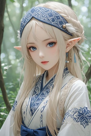  a beautiful Albino elf girl,elf ear, wearing traditional Ainu attire, adorned with intricate embroidery and patterns symbolizing Ainu culture. Her garments include a dress and apron, with fabrics reflecting the natural colors of the region's landscapes. Completing her look is a unique headpiece that enhances her beauty. With pride in Ainu culture, she wanders through forests and meadows, embodying a harmonious fusion of natural beauty and strength, captivating all who see her.,Misery Stentrem,Nina Aslato