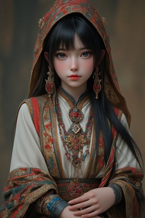 Super detailed, super realistic, beastly,beautiful Nordic girl,
 wears old folk costume, long straight black hair, Yakuts folk costume,(beautiful blue eyes), almond eyes, intricate textile decorated with colorful and intricate geometric patterns, arm ornamentation, decorative embroidery.
Beautiful crystal blue eyes, almond eyes, intricate fabrics decorated with colorful and intricate geometric patterns, clothes in earth colors such as White red and green,,aw0k euphoric style, ,perfect likeness of TaisaSDXL,dal,ct-identityV2