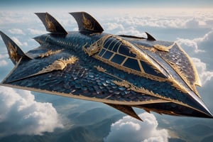 armored airship, soars through the skies, its metallic hull adorned with intricate scales resembling those of a mythical drago,,mimicking the fearsome appendages of the legendary creature. Dragon-inspired motifs are intricately woven into the airship's design, with fiery breath patterns etched onto the hull,creating a harmonious fusion of fantasy and steampunk aesthetics.,Obsidian_Gold,H effect,dragon armor