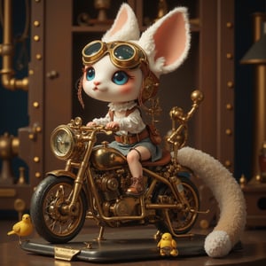 Steampunk figurine, 8k resolution, studio photography. Cute character with oversized fennec fox ears, wearing aviator goggles. Large blue eyes, small pink nose. Riding intricate mechanical motorcycle. Detailed brass and copper gears, pipes, and clockwork elements. White ruffled collar and cuffs. Brown leather straps and pouches. Brass-colored helmet with goggles. Motorcycle has exposed engine, brass fixtures, and leather seat. Character's tail wraps around bike. Dark wooden background with rivets. Display stand with brass nameplate. Hyper-detailed textures on metal parts, fur, and fabric. Warm lighting emphasizing metallic sheen. Miniature yellow bird companion near base. Photorealistic rendering, focus on intricate mechanical details. Dusty, weathered look on metal parts. Contrast between cute character and complex machinery.,Paulina2